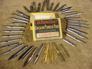 39 DIP Pen Nibs C Brandauer $ Co Birmingham Box Late 1800s Steel Gold 