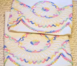   Yummy Rainbow Crochet Wide Border & Trim Cotton Pair Pillowcases (2
