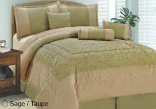 Sage, Taupe Printed Floral Suede 7Pc Comforter Set King Size