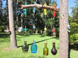 Tiny Bottles in tree folk art, wheaton taiwan 2 bottles hung on an 