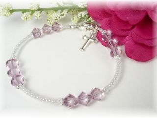 little bracelet is created with white seed beads, Swarovski birthstone 