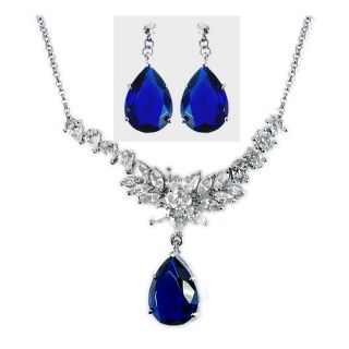 Wedding Jewelry Set Jewellery Pear Cut Blue Sapphire Pendant Earrings 