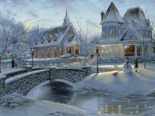   HD Print oil painting on canvasChristmas Houses trees bridges snowman