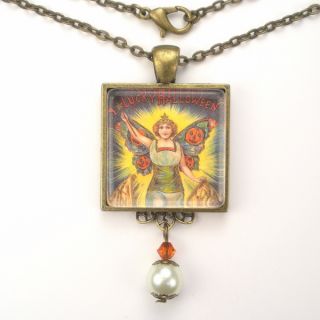   Fairy Art Glass Pendant Brass Necklace Vintage Charm Jewelry