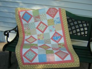 Handmade peach baby quilt squares and diamonds 33 x 49 inches