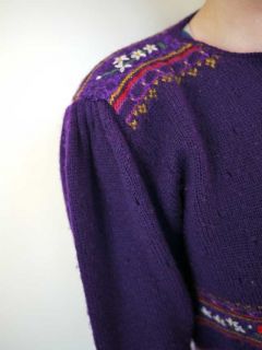 Vintage 80s Susan Bristol Purple Floral Wool Puff Sleeve Cardigan 