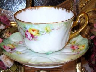 Limoges Hand Painted Roses Textured Signed Cup and Saucer Side Swept 