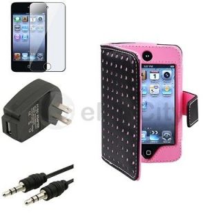   Dot Leather Case+Film+AC Charger Adapter+Cord For iPod Touch 4 4G 4th