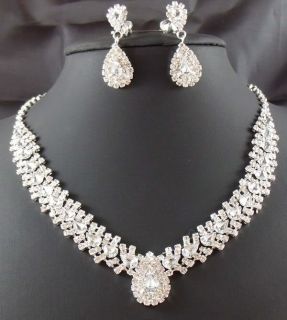 Wedding Bridal Bridesmaid Crystal Necklace Earring Sliver Jewelry Set 