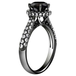   18k Black Gold Round Cut AAA Black Diamond MICRO PAVE Engagement Ring