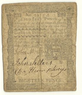 1772 PENNSYLVANIA 18d DECLARATION OF INDEPENDENCE SIGNER JOHN MORTON 
