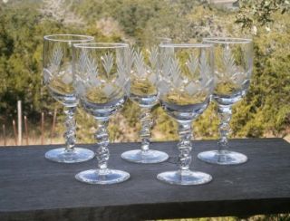 Vintage Deeply Etched Crystal Wine Glasses w Tightly Twisted Stem 