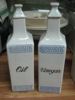 Vintage Blue White Oil & Vinegar Set Ceramic Cruets Shabby Cottage