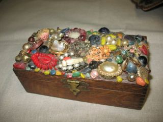 small old folk art box encrusted w jewelry trinkets buttons