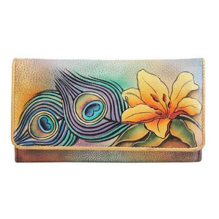 Anuschka Genuine Leather Accordion Flap Wallet Hand Painted Peacock 