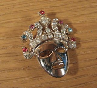 Vintage Rhinestone Mask Crown Red White Aqua Pin Brooch Jewelry Gold 