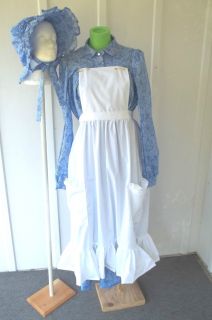 PRAIRIE DRESS BONNET AND WHITE APRON SIZE 16 18 BLENDS BLUES WHITE