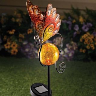 NEW Solar Light Butterfly Amber Globe Garden Stake Decor Gazing Ball
