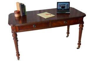 mahogany bureau plat writing table inlaid banding fluted column legs 