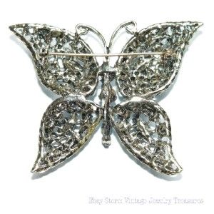 Vintage High End Blue Glass Rhinestone Silver Butterfly Pin #RL