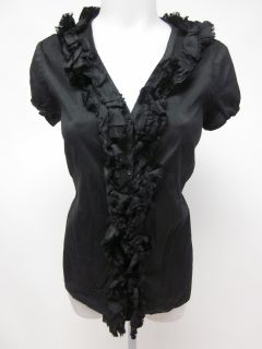 CALYPSO Black Silk Short Sleeve Ruffle Trim V Neck Button Down Blouse 