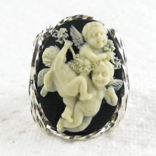 Baby Angel Cherubs Cameo Ring Sterling Silver Jewelry