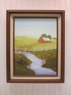 Vintage Wood Framed Oil on Canvas Painting Barn Country Farmhouse 