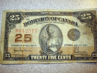  CURRENCY Canadian Bank Note money 25 cents 1923 Dominion of Canada 
