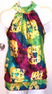 Heart Soul Shiny Satin Top L Artsy Watercolor Floral W/ Studs Banded 