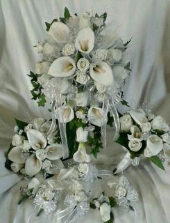   White Silver Wedding Flowers Decorations Calla Lily Bridal Bouquets