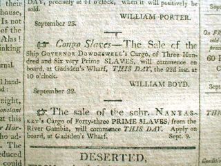 1806 Charleston South Carolina Newspaper Slave SHIP Ads
