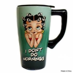 Betty Boop Dont Do Mornings Ceramic Coffee Travel Mug Plastic Lid NIB 
