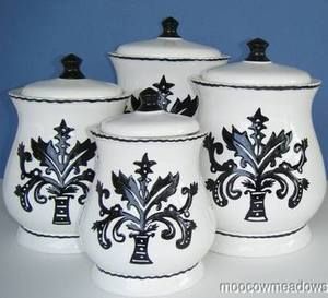   Ceramic Black White Canister Set Kitchen Decor Damask Accent