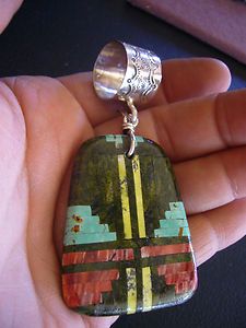 TURQUOISE, SPINY, MULTI INLAY PENDANT WITH LARGE STERLING BAIL 3 1/4 