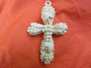 Antique Victorian Carved ivory color ox bone grapevine cross pendant 