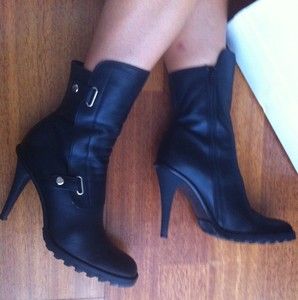 CASADEI Black Leather Short Winter Boots Size 10 Made In Italy With 