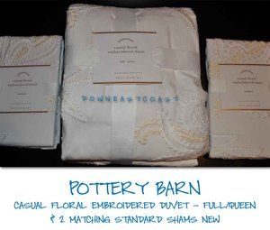 POTTERY BARN CASUAL FLORAL EMBROIDERED DUVET & 2 STANDARD SHAMS FULL 