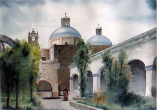 Garcia Castro Watercolor Convento de La Cruz Queretaro 1979