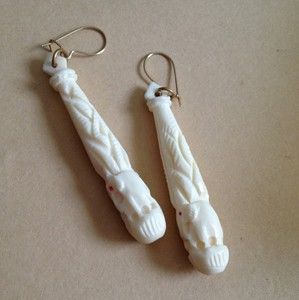 Bone Faux Ivory Hand Carved Earrings Elephants Made in India Gold Hook 