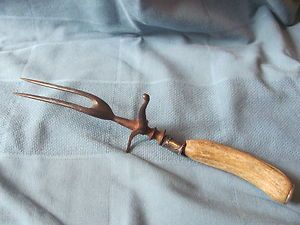 Antique Carving Fork with Stand Curved Antler Handle