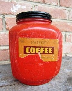 Vintage Hoosier Style Red 2 Label Coffee Sugar Jar w Black Lid Lid 