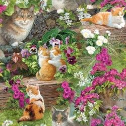 Cats in Garden Pillow Quilt Panel Fabric Simple Pleasures Springs 