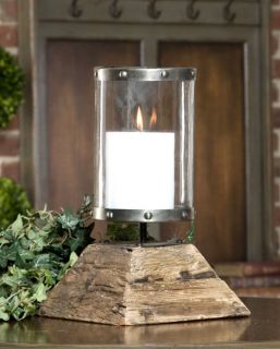 Rustic Tuscan Candle Holder w/ Hurricane Glass Globe & Reclaimed Wood 