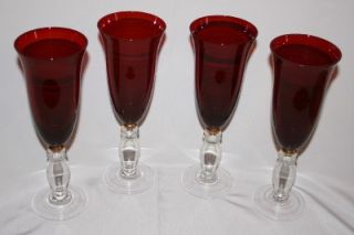 SET OF 4 TALL FLUTED RUBY RED CHAMPAGNE/WINE GLASSES W GOLD BAND  HAND 