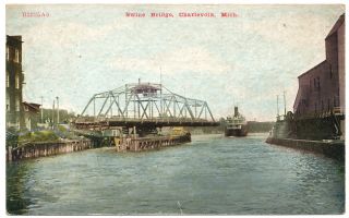 CHARLEVOIX, MICH. Swing Bridge and Great Lakes Steamer, ca. 1909