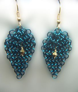 Chain Maille Turquoise Earrings w 14KTGF Wires Crystals