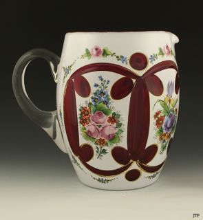 Bohemian White Cut to Red Overlay Glass Floral Pitcher