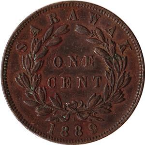 1889 Sarawak (British) 1 Cent Coin Charles J. Brooke Rajah KM#6