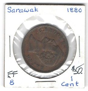 Sarawak 1 Cent 1880 EF KM 6 Copper Charles J Brooke Rajah