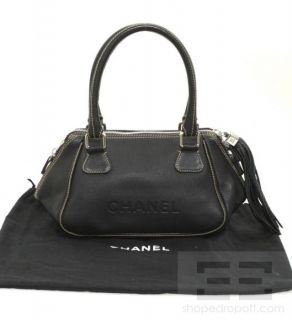Chanel Black Pebbled Leather & Tan Topstitched Tassel Handbag